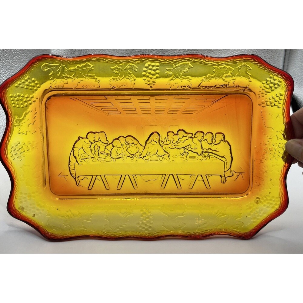 Vintage Indiana Tiara Glass Amber Last Supper Bread or Decorative ￼Plate 11x7”